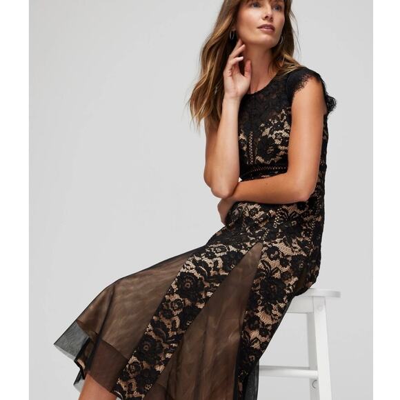 WHBM Black Cap Sleeve All Over Lace Godet Fit & Flare Dress Sz 6 Holiday NWT - Picture 5 of 17